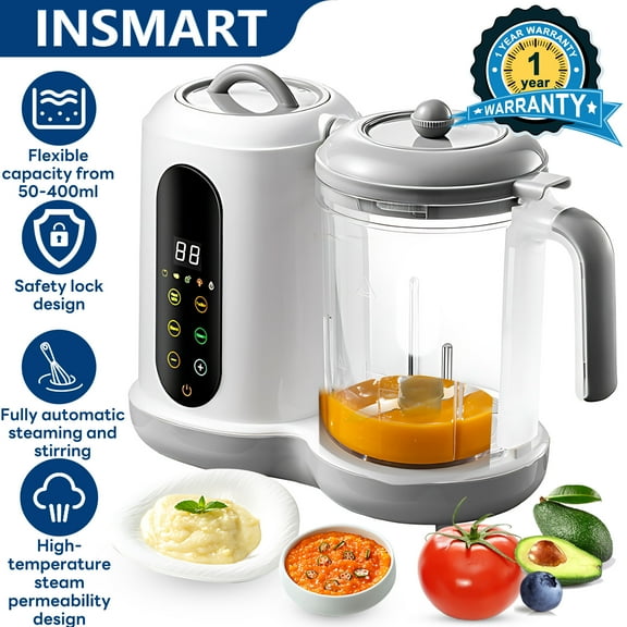 INSMART Baby Food Maker Steamer and Blender,One Step Baby Food Processor Steamer Puree Blender,Touch Screen Control,for Fruit,Vegetable,Meat,BPA-Free,450W,2-14oz,White