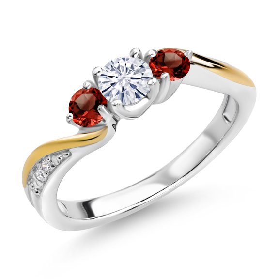 Gem Stone King 925 Sterling Silver and 10K Yellow Gold White Moissanite Red Garnet and White Lab Grown Diamond 3 Stone Engagement Ring for Women (0.56 Cttw, Gemstone Birthstone, Size 7)