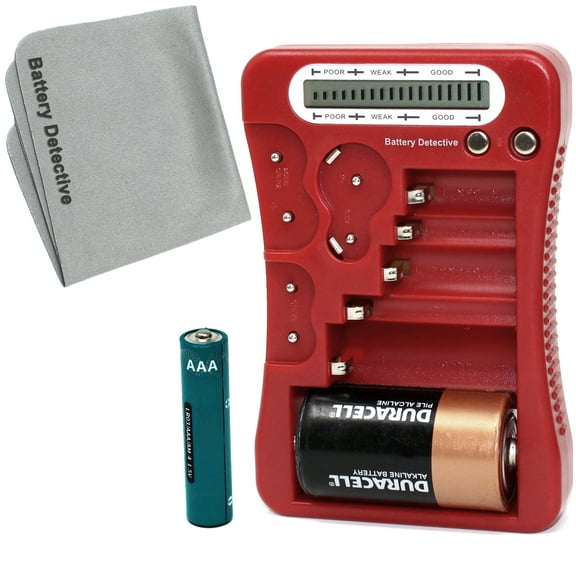 Battery Detective 12 Type Battery Tester (Red) with LCD Display, AAA Battery & Cloth, for Household Batteries AA AAA C D 9V CR2032 CR123A N/LR1 CR2 CR-V3 2CR5 CR-P2 1.5V/3V Button Cell Batteries