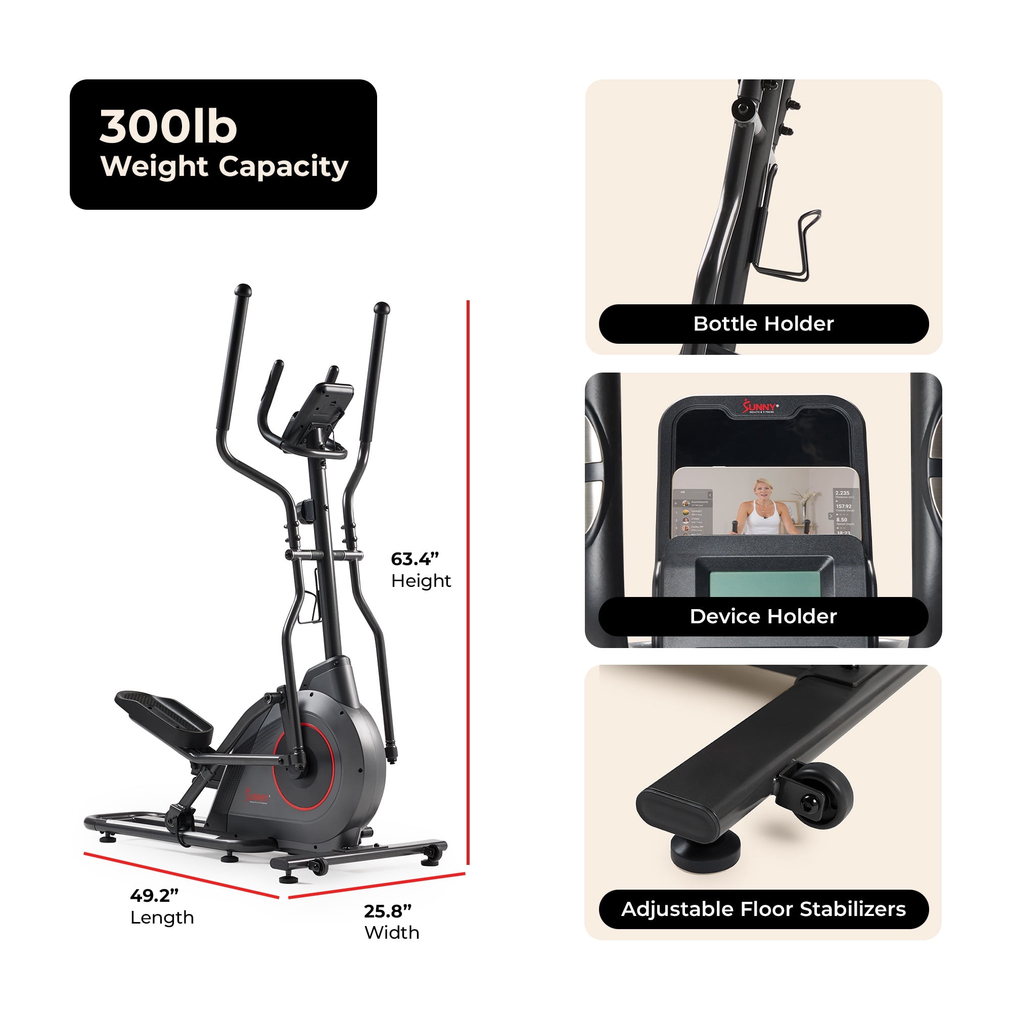 Sunny Health & Fitness Ultra-Silent 16” Stride Smart Elliptical Trainer with SunnyFit App for Trainer-Led Workouts & Performance Tracking