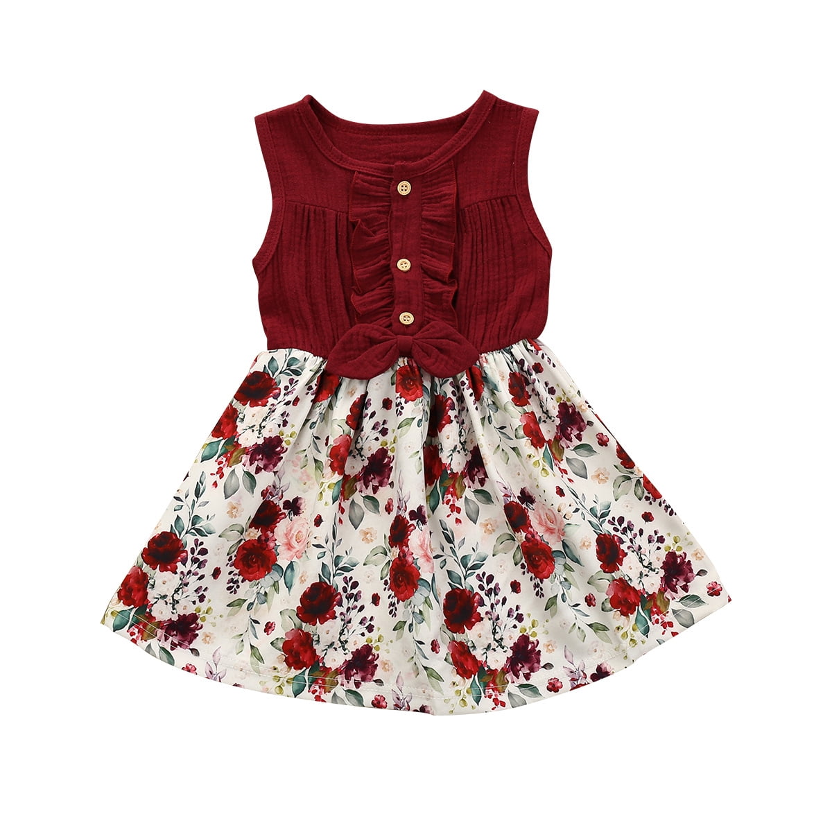 Baby Girl's Sleeveless Round Neck Summer Cotton Linen Bow Flower Printed  Dress - Walmart.com