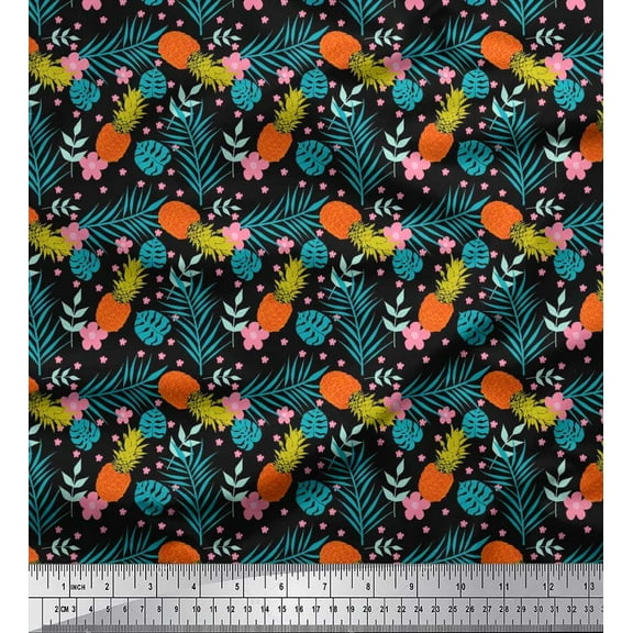 Soimoi Cotton Duck Fabric Floral,Monstera Leaves & Pine Fruits Decor Fabric Printed Yard 42 Inch Wide
