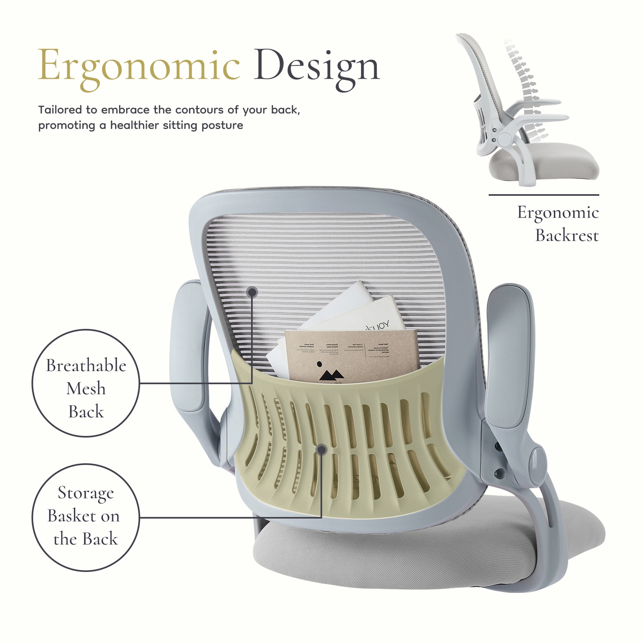CONCETTA Ergonomic Mesh Office Desk Chair, Adjustable and Flip-up Armrest for Adults, Gray