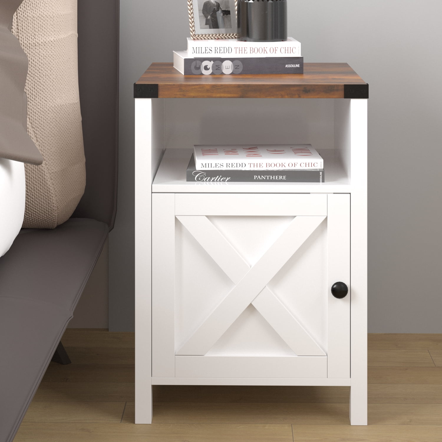 Catrimown Farmhouse End Table for Living Room Set of 2, Side Table Nightstand for Living Room Bedroom, White