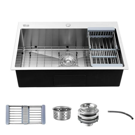 Small Bowl Stainless Steel Sink Zimtown 33-inch 16 Gauge Drop In Topmount Stainless Steel Kitchen Sink, Single Bowl Handmade, w/Strainer, Scratch Protector Grid & Adjustable Dish Tray, for Home Farmhouse Use ()
