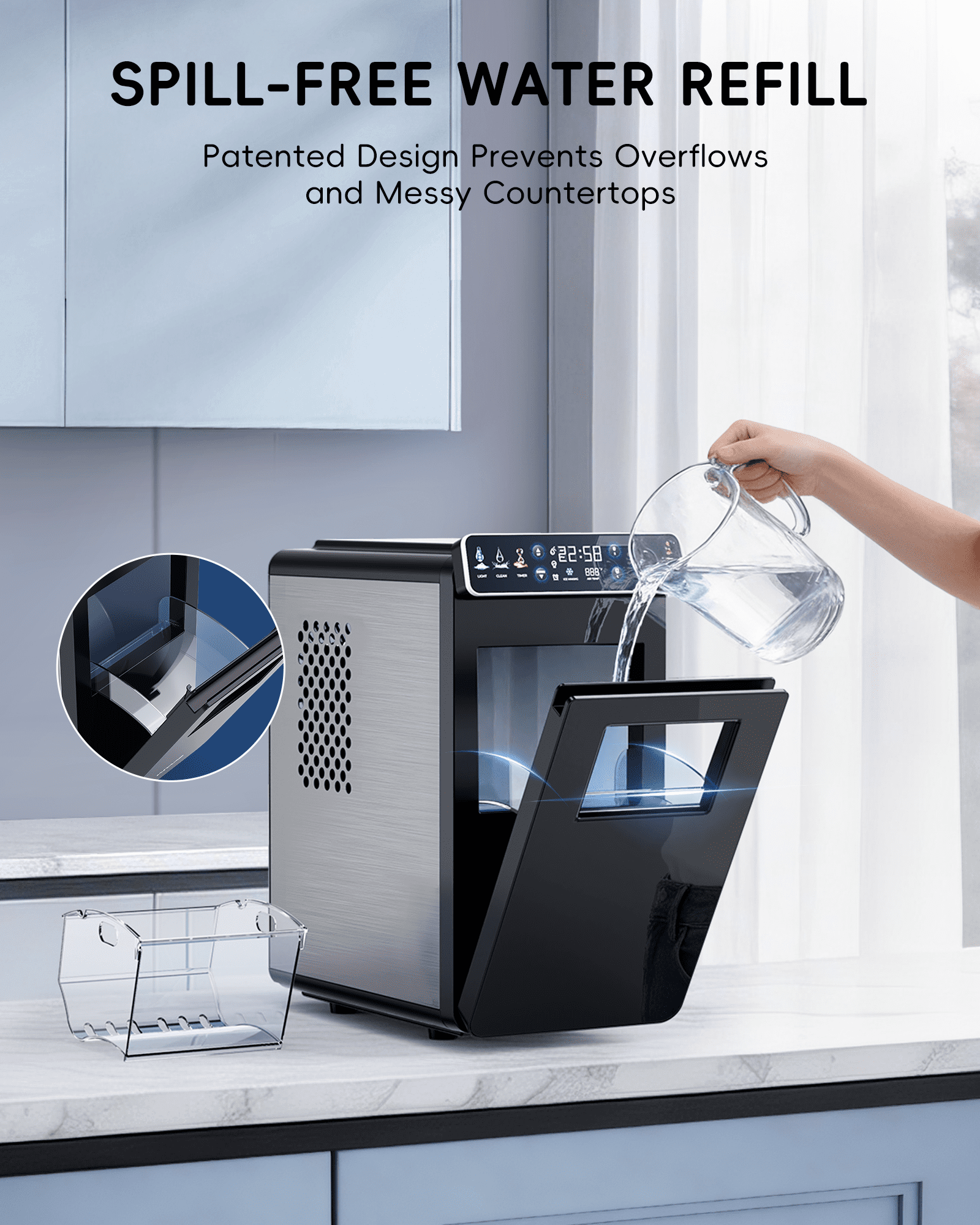 Ecozy Chillio Countertop Ice Maker, Smart Ice Machine with Full-Color Display Panel and Built-in Lighting, Produces 26lbs/24H, Dual-Layer Insulation, Two Ice Size, Portable Design