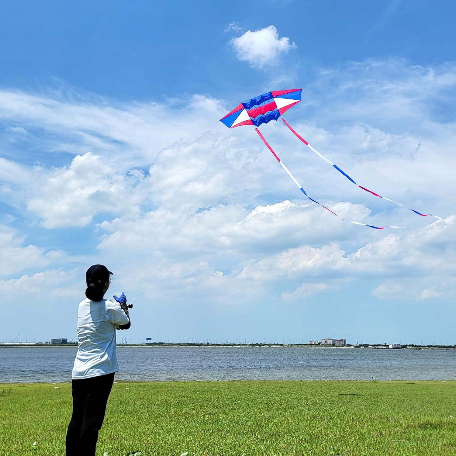Large 98-Inch 3D Rainbow Box Kite for Adults, Super Easy Flyer with Two 49-Ft Multi-Color Tails, 300-Ft String and Handle