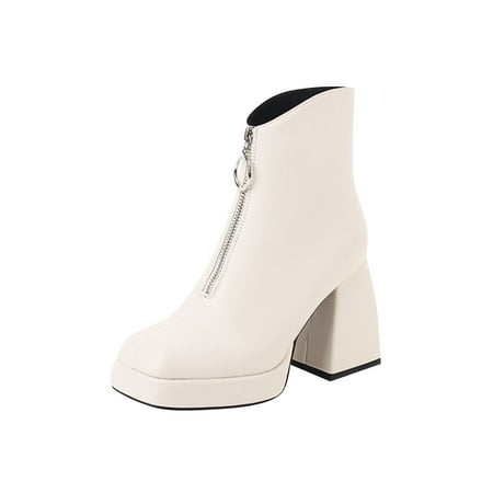 

Boots for Women Winter Thick High Heel Raised Front Zipper Warm Ankle Boot