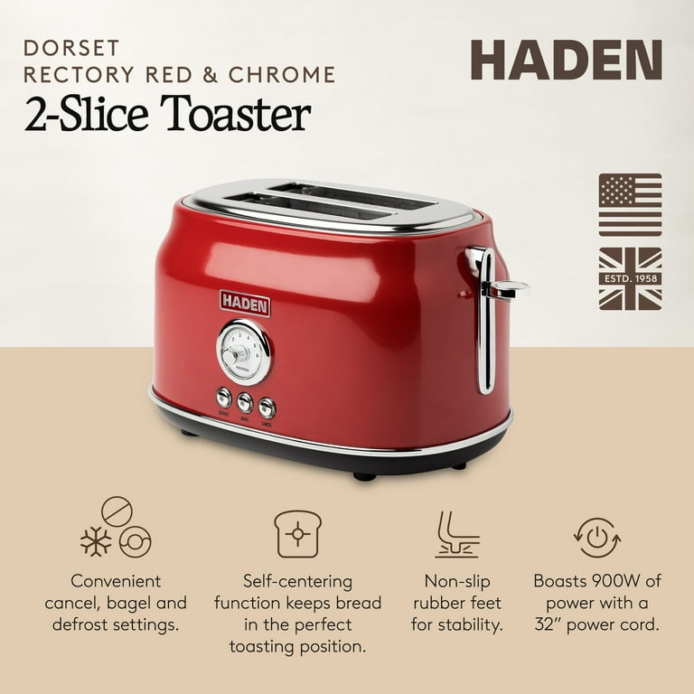 HADEN Dorset Retro 2-Slice Wide Slot Stainless Steel Toaster, Red