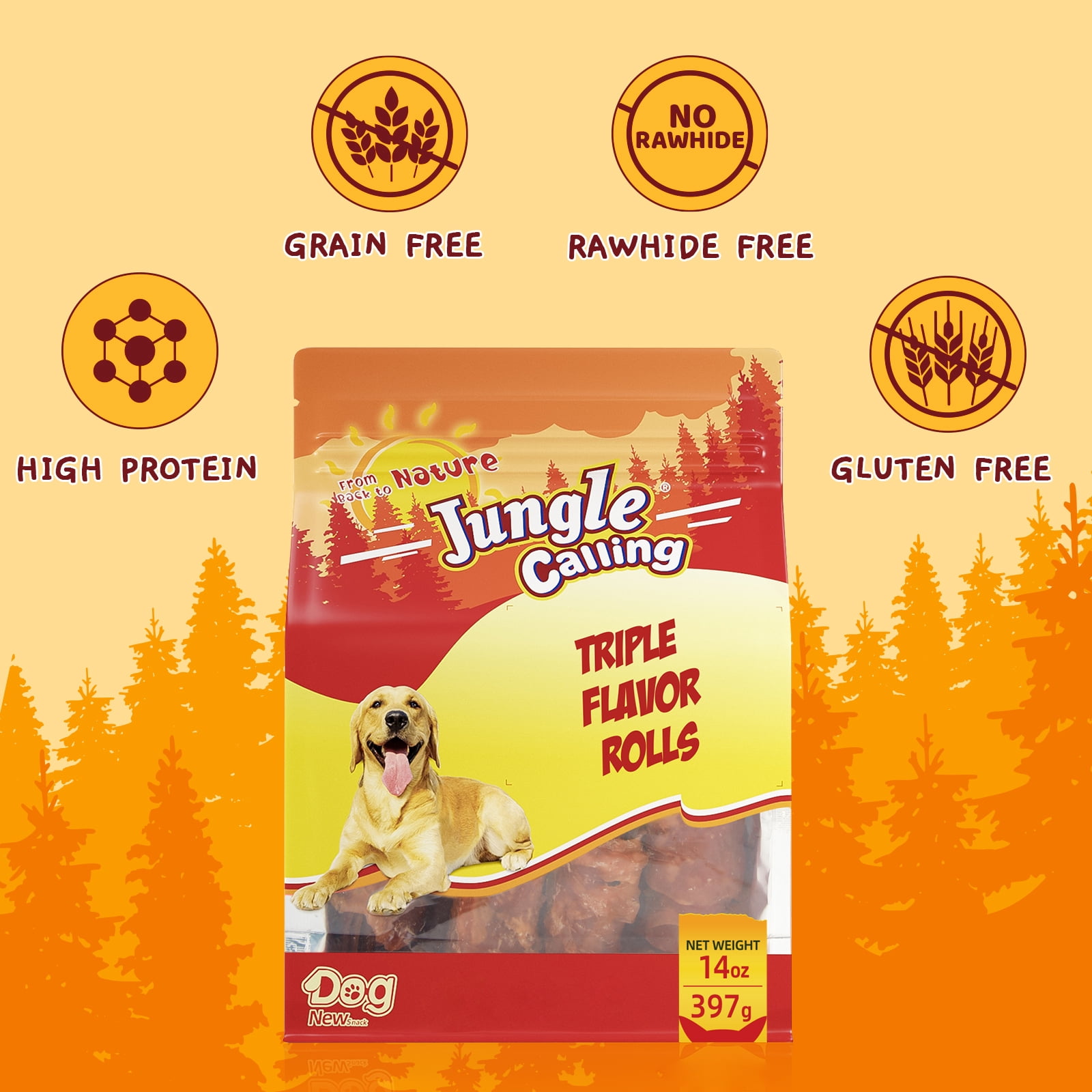 (2 pack) Jungle Calling Triple Flavor Rolls Dog Treats,Real Chicken Duck Beef Meat, Rawhide Free Dog Snacks, 14 OZ