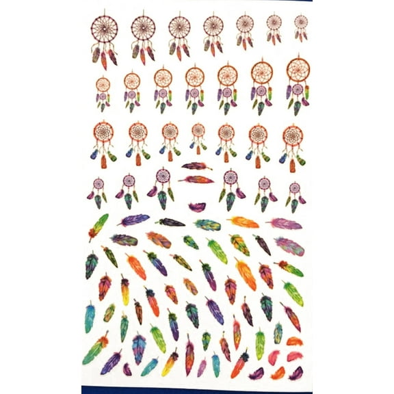Feathers and dreamcatcher nail stickers decals, Bohemian Boho Spiritual nail art orange purple green