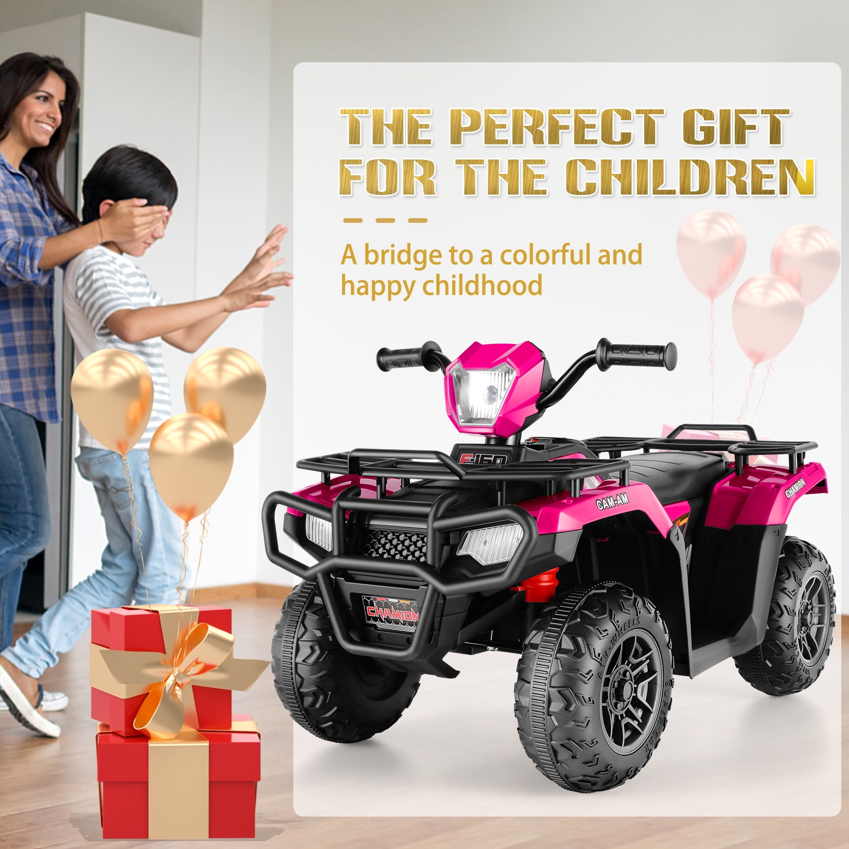 Funcid 12V Kids Ride on ATV 4-Wheeler Quad Battery Powered Electric Car with High/Low Speed, 2X30W Motor, Treaded Tires, Soft Braking, LED Light, Music, Rose Red