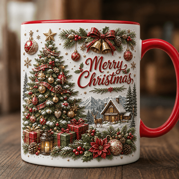 Christmas Tree Ceramic Coffee Mugs Holiday with Ornaments and Merry Christmas 11 oz 15 oz