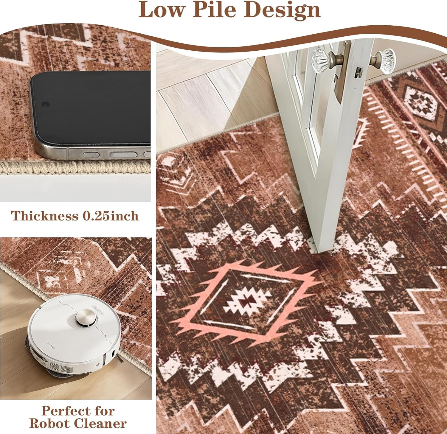 Bleum Cade Moroccan Bathroom Rug,Washable 2x3 Small Bath Mat, Boho Tribal Soft Non-Slip Geometric Entry Way Rug, Low-Pile Indoor Carpet for Bedside Entrance Laundry,Brown