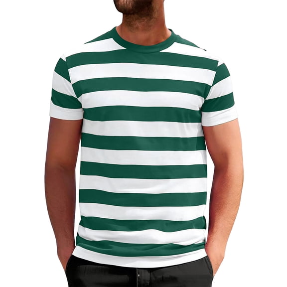 CIENVNSTG Horizontal Striped Breathable Loose Fit Basic T‑Shirts Mens Short Sleeve Crew Neck Casual Tops for Summer Outdoor Wear Green XXL
