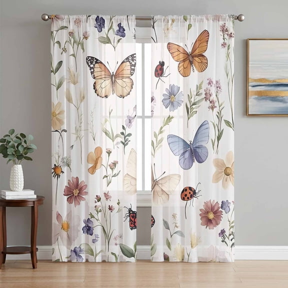 Spring Pastoral Botanical Semi Sheer Curtains 72 Inch Length 2 Panels Set, Farmhouse Butterfly Floral Sheer Kitchen Curtain Privacy Voile Window Curtain for Living Room Bedroom Rod Pocket Drapes