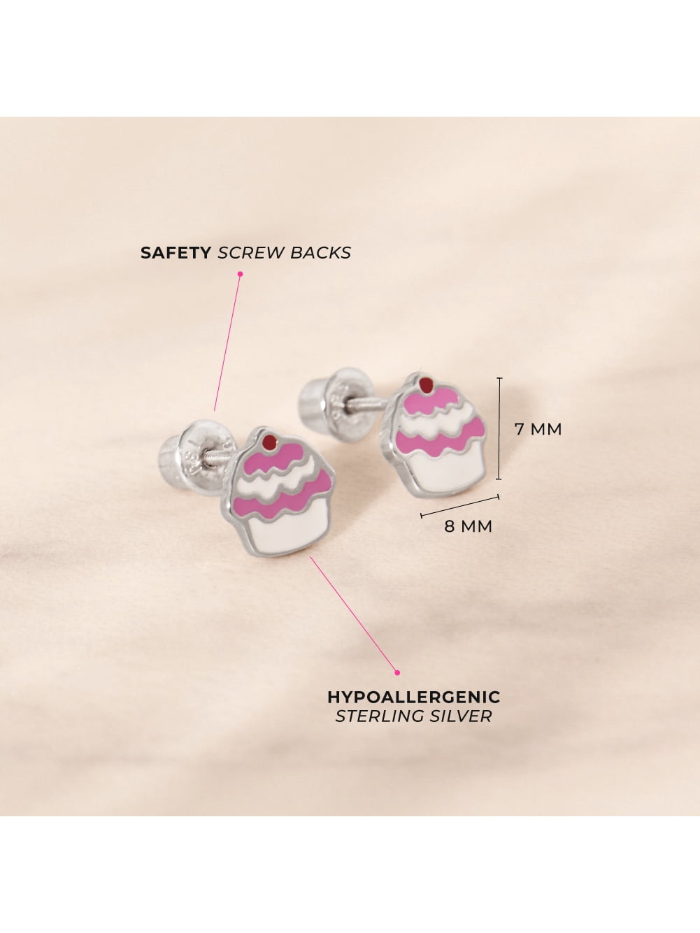Enamel Cupcake Baby / Toddler / Kids Earrings Screw Back - Sterling Silver