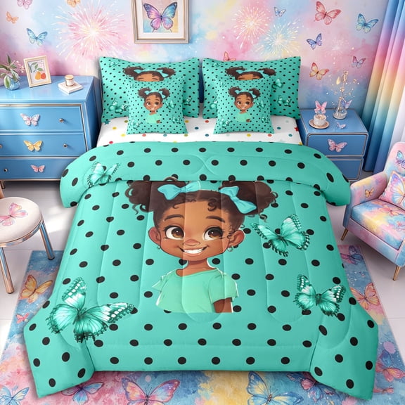 Castle Fairy Bubbly Black Girl Twin Bedding 7-Piece,Polka Dots Bow Butterfly Bedding Comforter Set,Teal