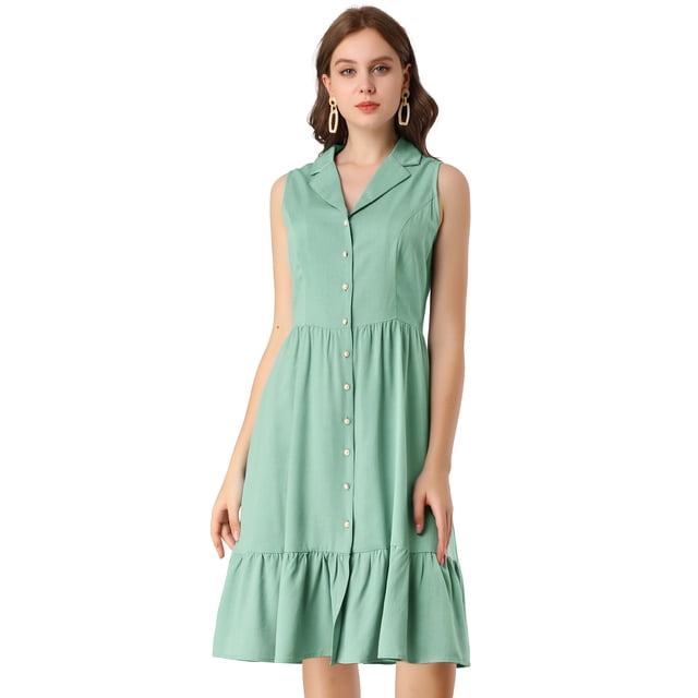 Vestido Camisero Con Dobladillo Volantes Botones Abajo Cuello Campamento Para Mujer Verde Azulado S