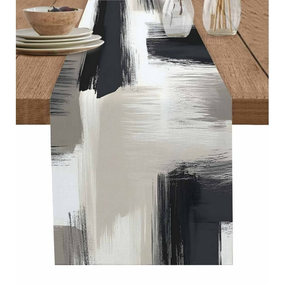 Black Grey Burlap Cotton Table Runner 13x120 Inches Long, Geometric Vintage Retro Oil Painting Farmhouse Table Runners, Outdoor Dining Tablecloths Decor for Baby Shower/Party/Wedding