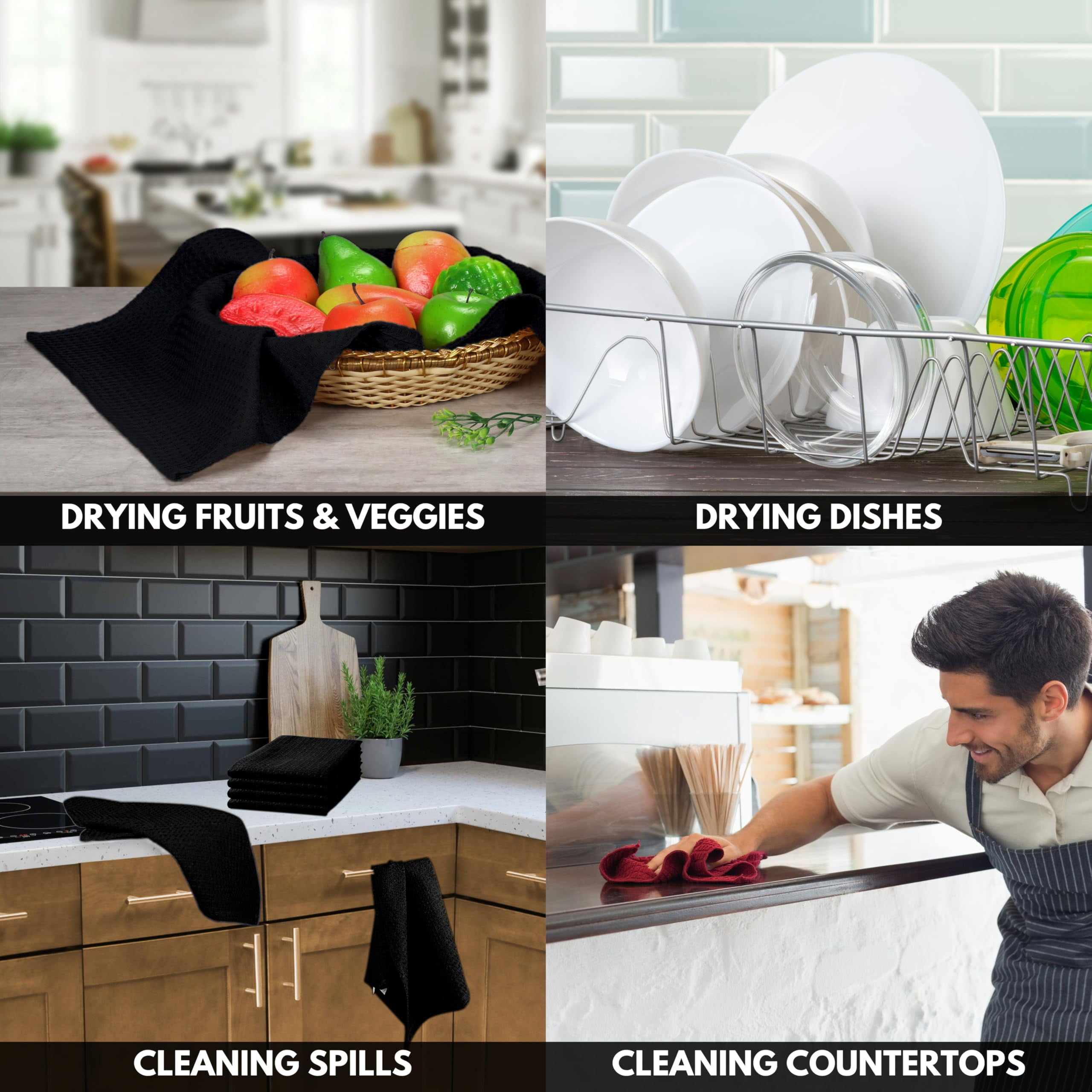Softopia Cotton Black Waffle Kitchen Dish Towels 100% Cotton, Soft, Absorbent, Quick Drying, Multipurpose Use, Bar & Tea Towels, 16x26 Inches, Durable, Machine Washable, Reusable, Set of 12
