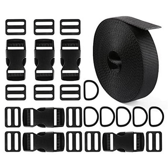 Buckles Strap 1 Inch: Nylon Webbing Straps 6 Yards, Quick Side Release Plastic Buckles Dual Adjustable 6 Pack, Tri-Glide Slide Clip 12 PCS, Metal D Rings 6 PCS, Heavy Duty, Black