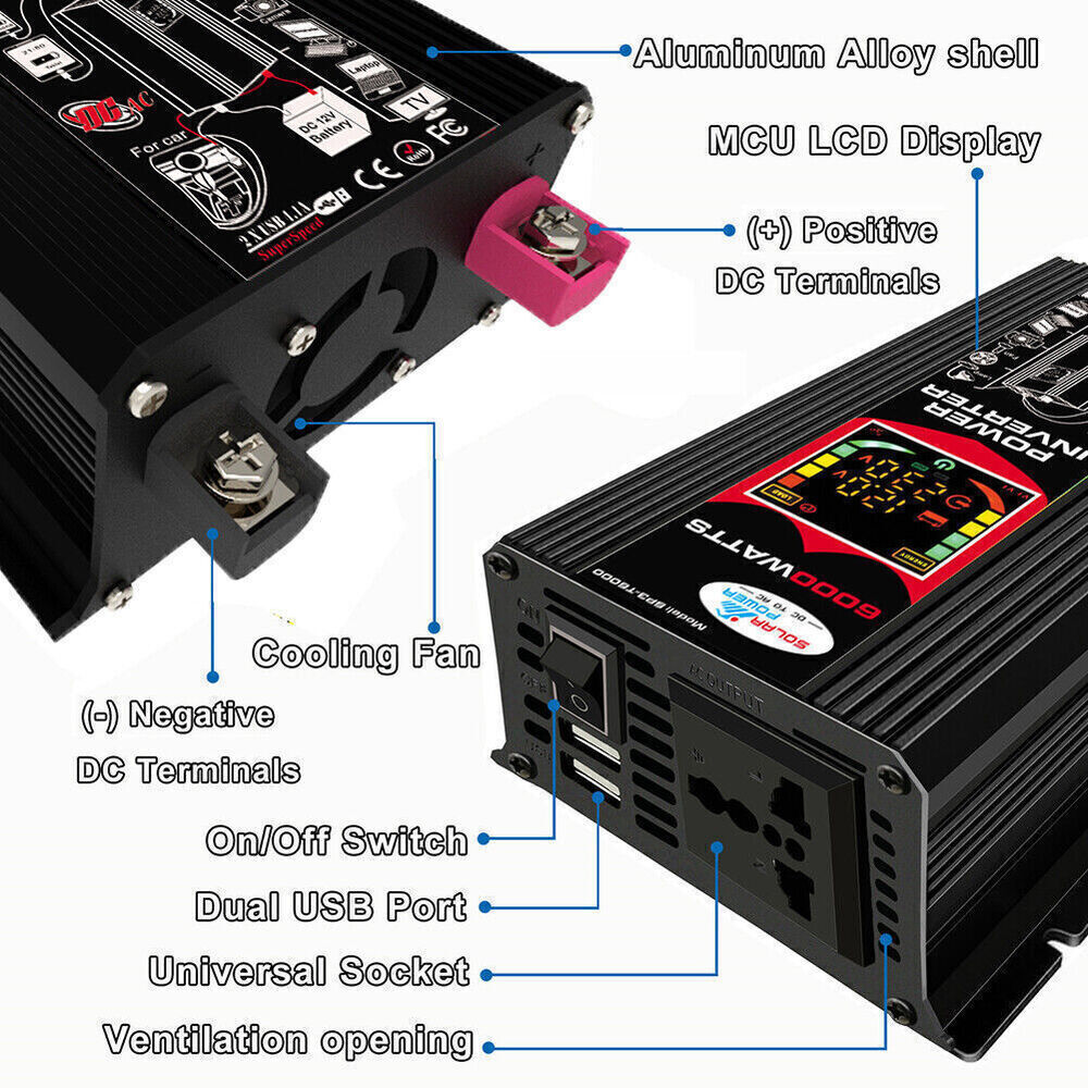 ligaofeng 12V 6000-W Surge Power Inverter with Dual USB Ports, MCU LCD Display
