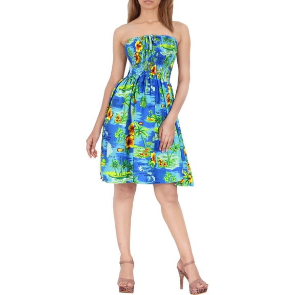 HAPPY BAY Women's Summer Boho Beach Backless Smocked Mini Swing Dress Tube Top Strapless Dresses for Women One Size Sky, Island