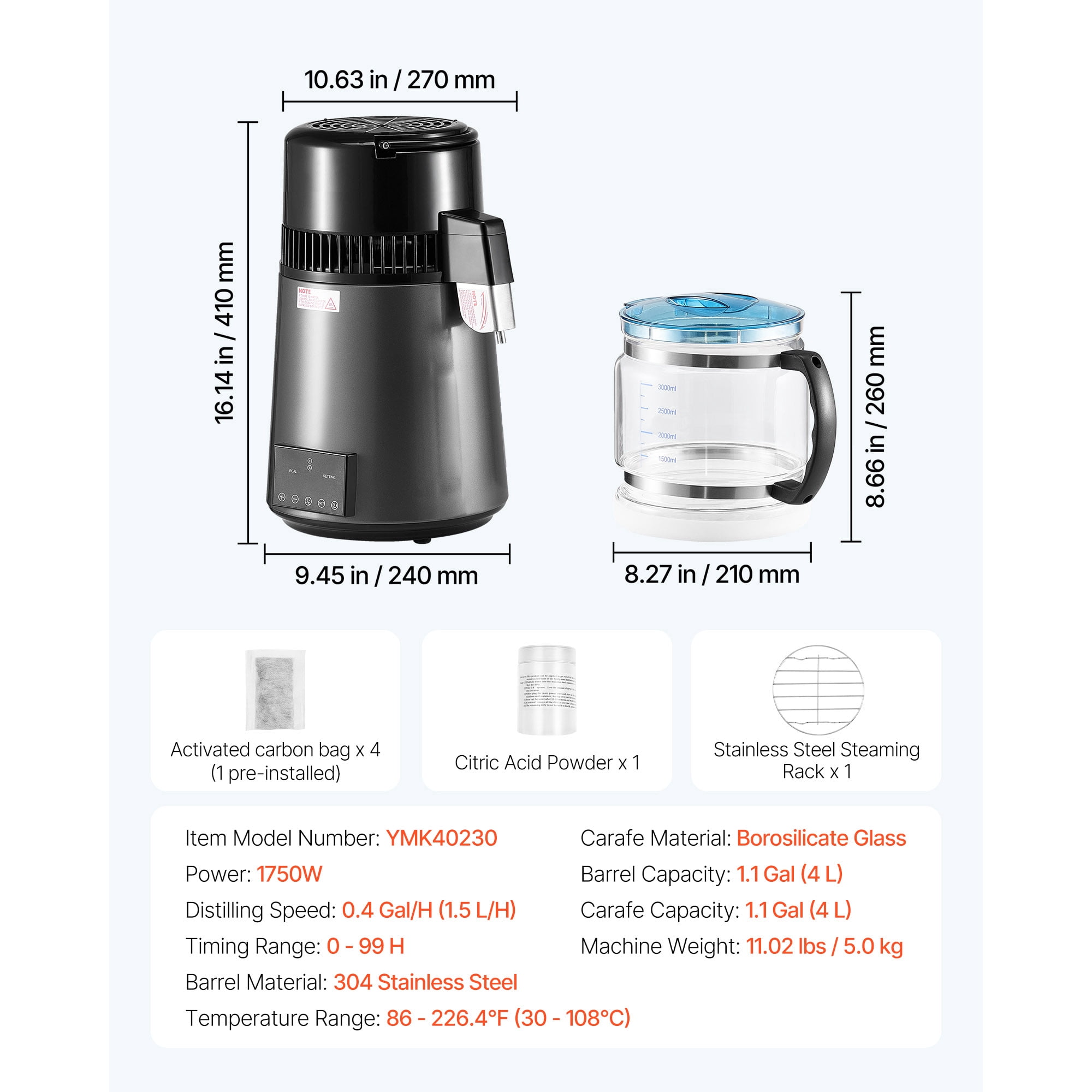 KFFKFF 4L 1.1 Gallon Water Distiller, Countertop Pure Water Purifier with Glass Container, 1750W Stainless Steel Interior for Home Use, Grey