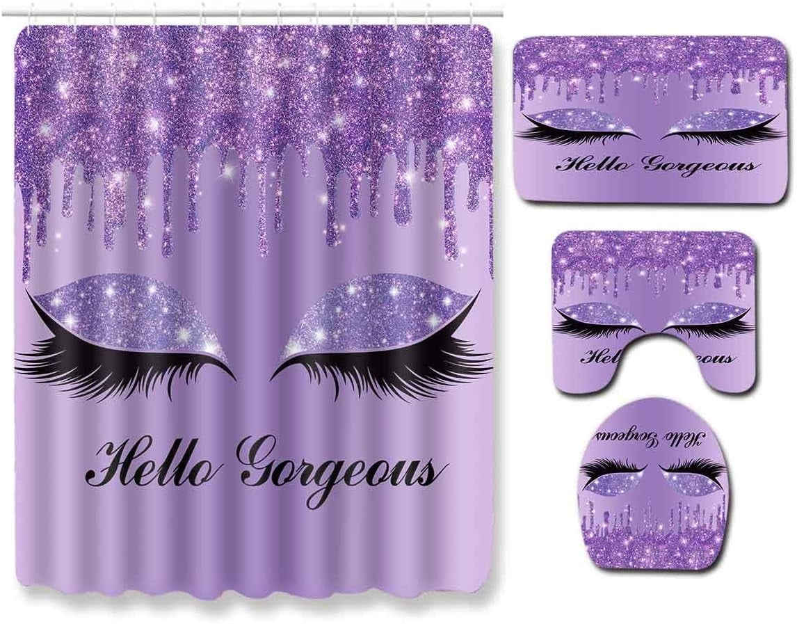 Purple Pretty Eyelash Shower Curtain Set, 4PCS Hello Gorgeous Kids Bathroom Sets with Shower Curtain and Rugs, Toilet Lid Cover, Bath Mat and U Shaped Rug, 12 Hooks