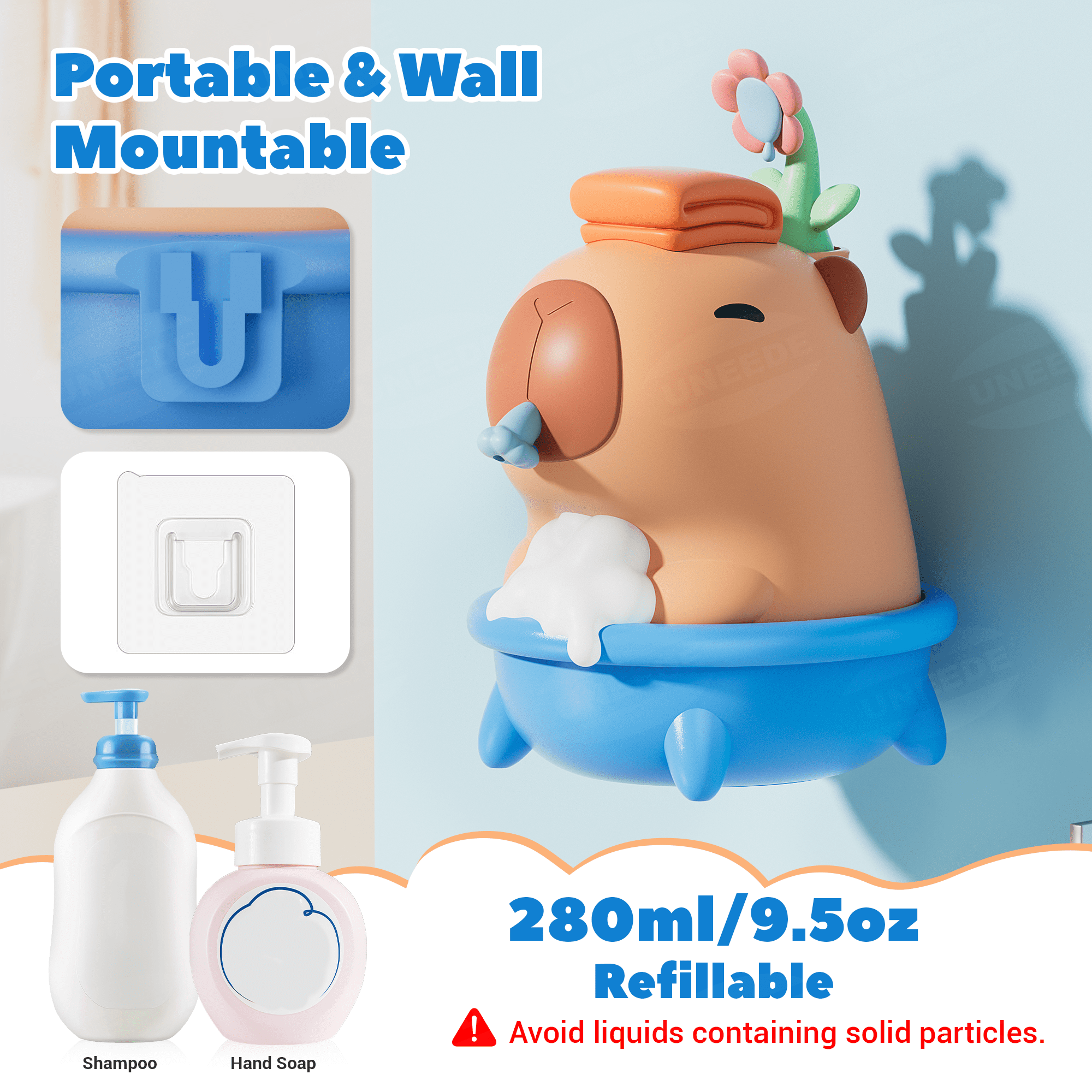 UNEEDE Capybara Soap Dispenser, Automatic Touchless Foaming with Advanced Sensor, IP7 Waterproof, Portable & Wall Mount Rechargeable, 9.5oz/280ml, Cute Soft Silicone Design for Bathroom, Decor Gifts