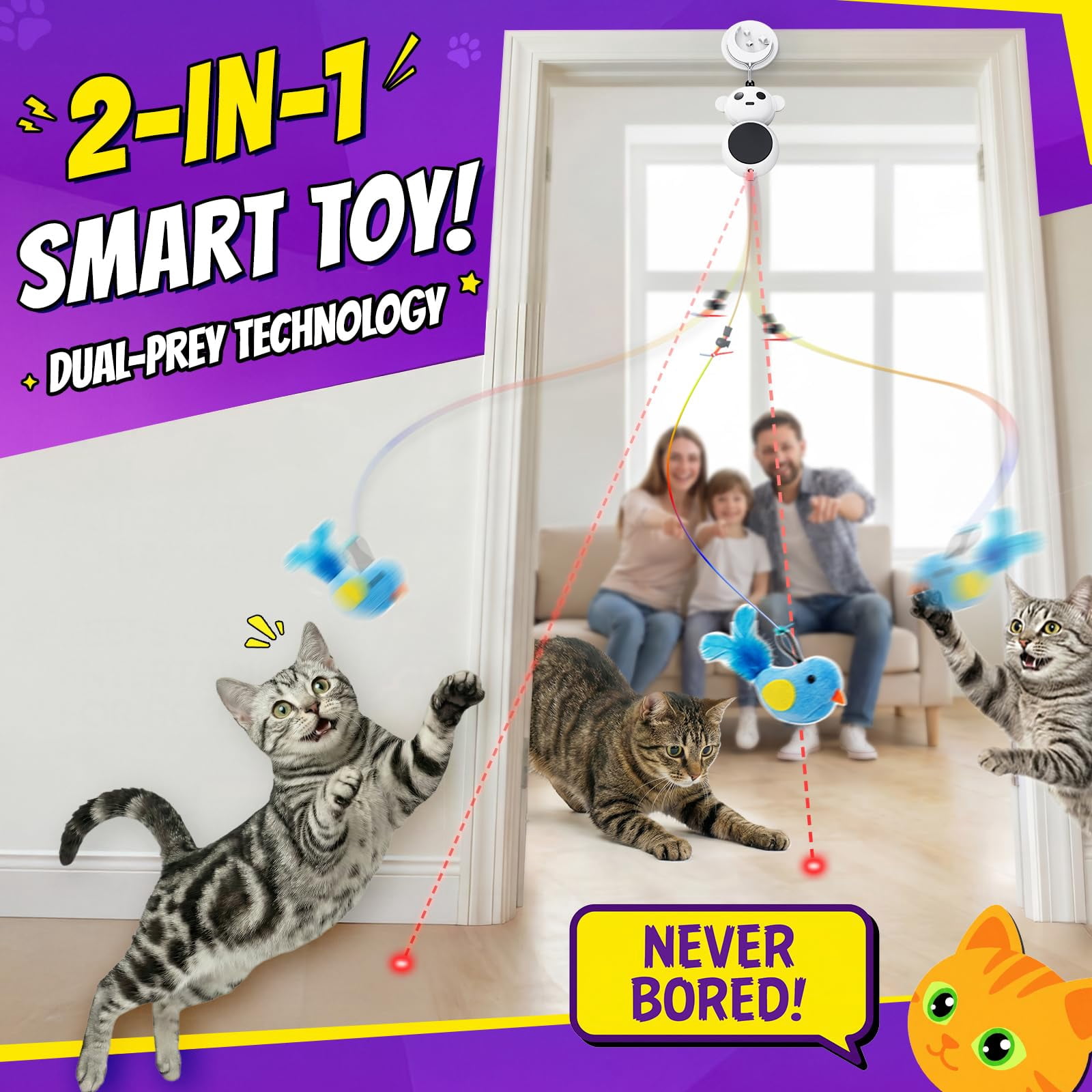 Interactive Cat Toys For Indoor Cats: 2 In 1 Pointer With Automatic Flying Bird & Mouse Wand  Smart Motion Mode Adjustable Speed Usb Rechargeable Safe Bored Kittens And Adult Cats