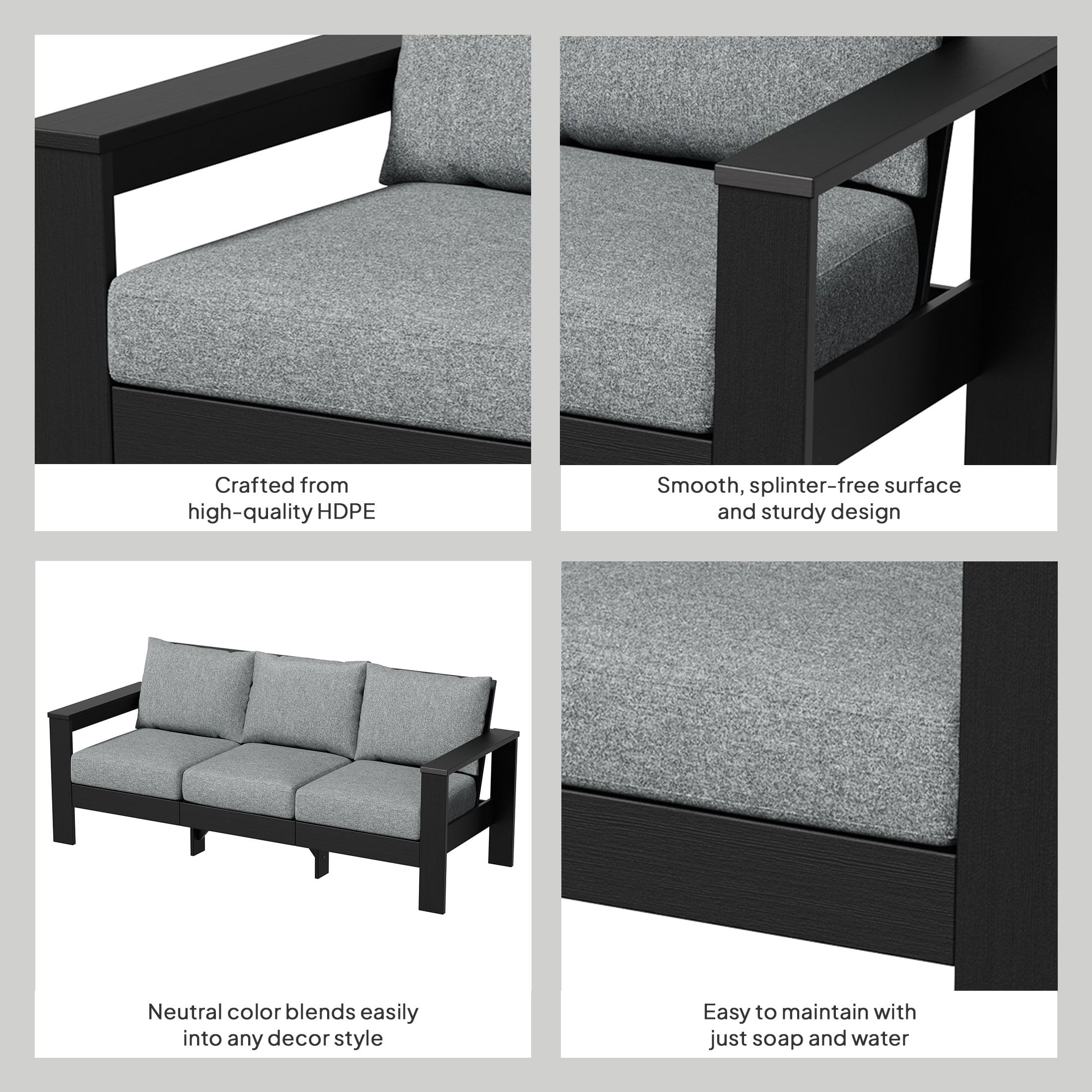 Better Homes & Gardens Ezra Outdoor Sofa, Black Frame with Gray Cushions