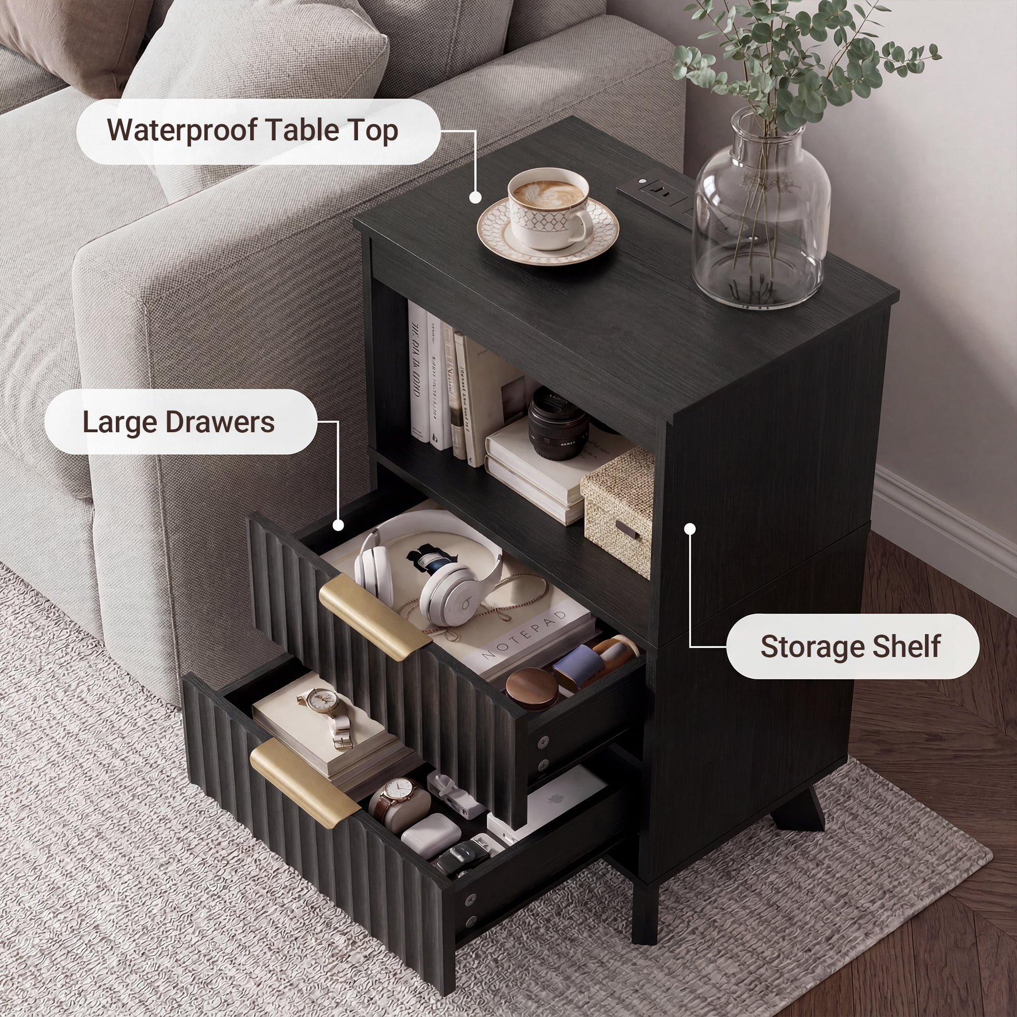 YDN Modern Tall Nightstand Set of 2 - Bedside Table with Fluted Design & Charging Station, Wooden Bedsides End Table with Large Open Shelf for Bedroom, Living Room,Black