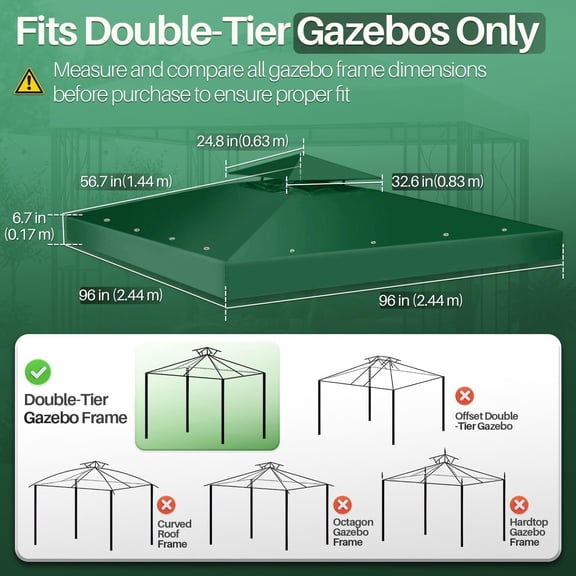 8x8 Gazebo Canopy Replacement Top Waterproof Cover - Outdoor Gazebo Canopy Cover - Double Tier UV30 Cover for Canopies, Garden, , Yard Tent (Green)