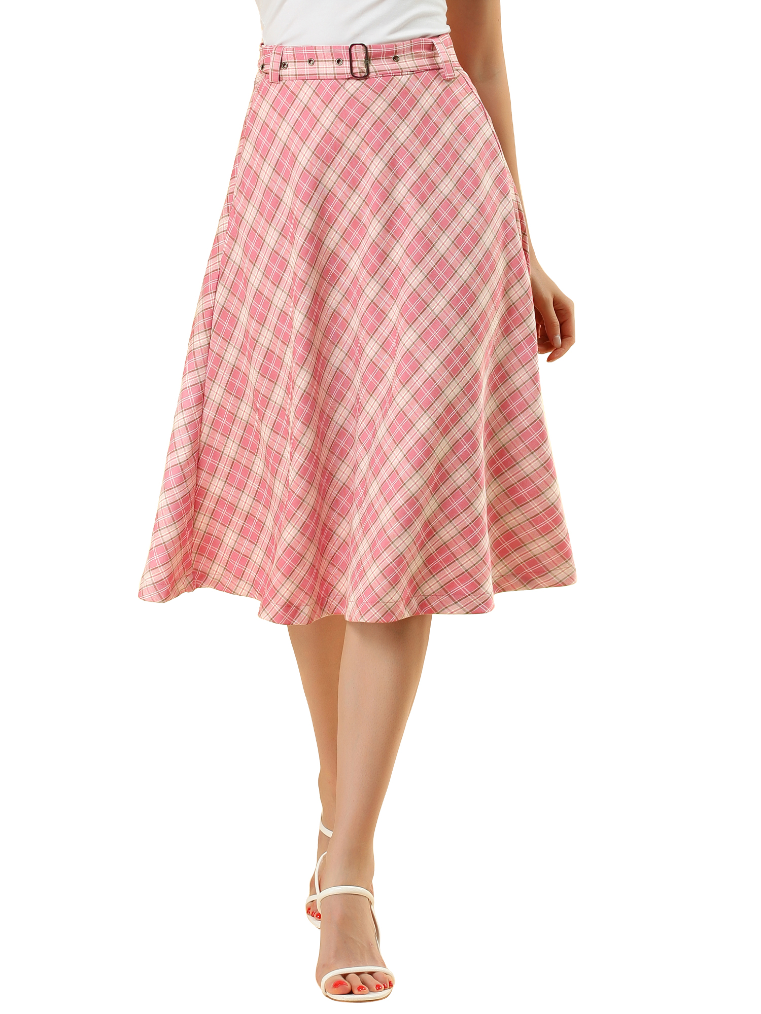 Unique Bargains Women's Plaid High Waist Belted Vintage A-Line Midi Skirt M Pink - image 5 of 8