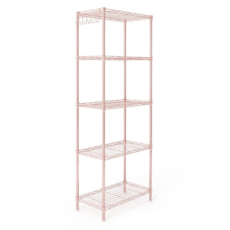 HiiKaa 5-Tier Adjustable Shelf Display Rack,Heavy Duty Iron Storage Shelving Unit with Pin-Style Transformable Structure,Adjustable Spacing & Leveling Feet for Kitchen,Garage,Retail, Craft Room,Pink