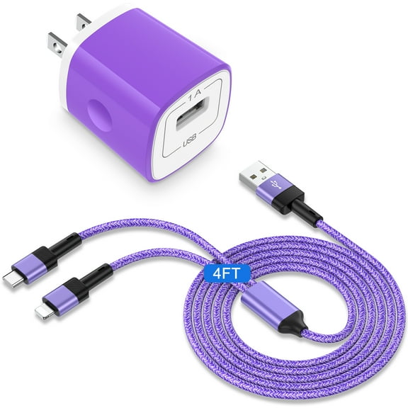 USB Charger Block,1Pack 2-in-1 Android&iPhone Multi Charging Cable Type C Charging Cord 4FT&1Pack USB Wall Charger Adapter iPhone Charger USB-C Cable Fast Charging Block Compatible for iPhone Android