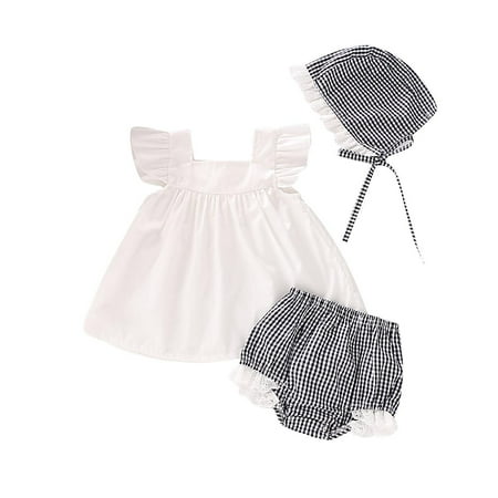 

OQCKIDS Baby Girls Plaid 3Pcs Sets Petal Sleeve Plaid Girls Sleeveless Slash neck 3 Piece Summer