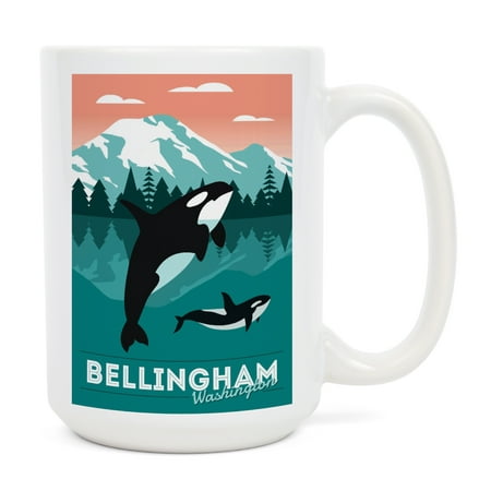 

15 fl oz Ceramic Mug Bellingham Washington Orca Whale and Calf Vector Dishwasher & Microwave Safe