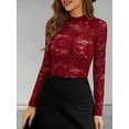 thumbnail image 4 of Womens Mesh Top Long Sleeve Mock Neck Sheer Blouse See Through Floral Lace Tops Wine Red XXL, 4 of 7