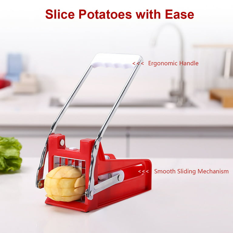 French Fry Cutter Potato Chipper Vegetable Slicer with 2 Interchangeable  Stainless Steel Grid Blades for Homemade Chips Fries Potatoes Carrots  Cucumbers Veggie Sticks, Red 