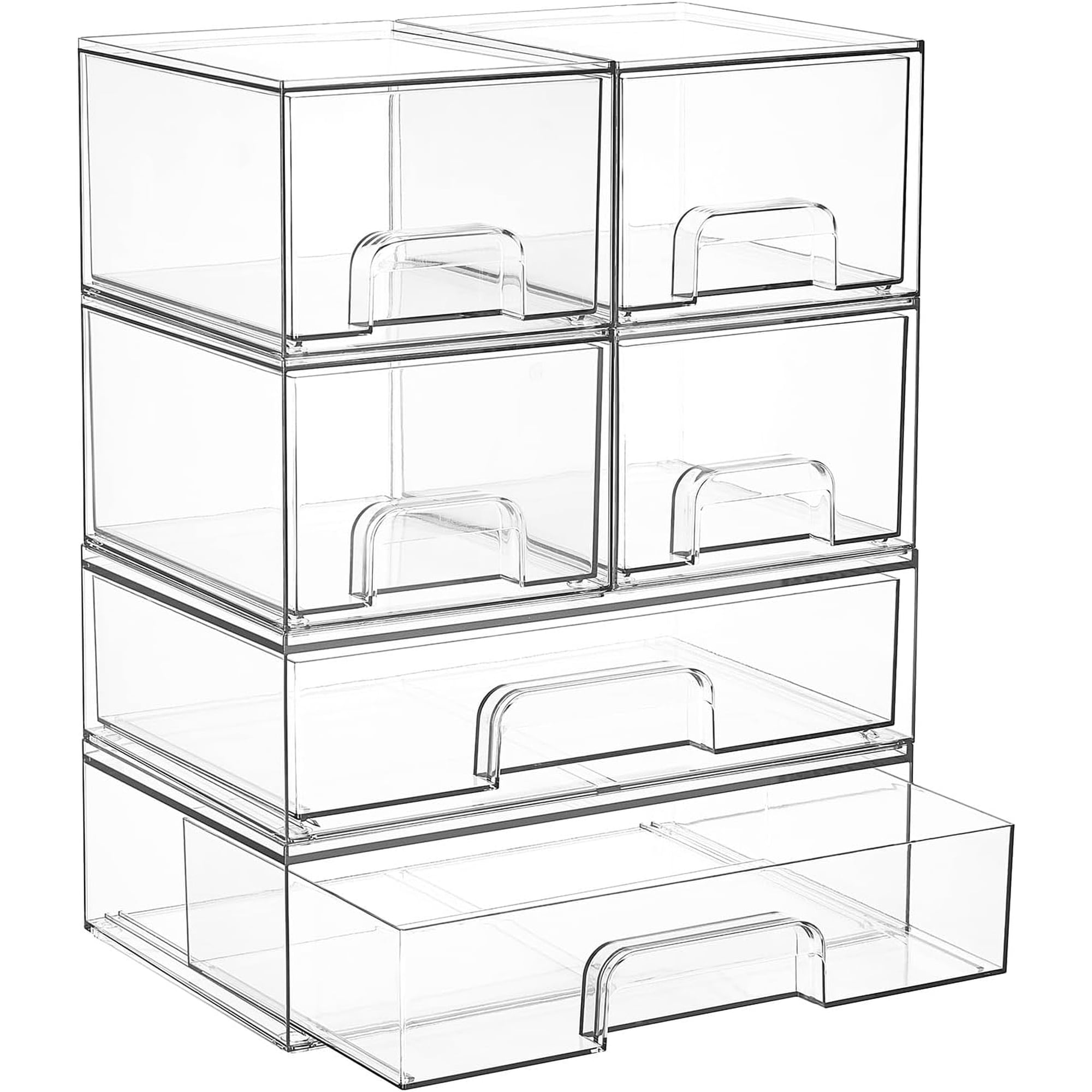 Stackable Storage Drawers Set of 6 Plastic Organizer Bins | Multi-Purpose Boxes for Bathroom Accessories Storage Ideal for Cabinet Shelf Pantry Laundry Room Organization