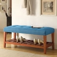 thumbnail image 3 of Xukmct Fabric Upholstered Bench with Open Storage Shelf, Perfect for Living Room, Bedroom, Blue + Brown, 3 of 5