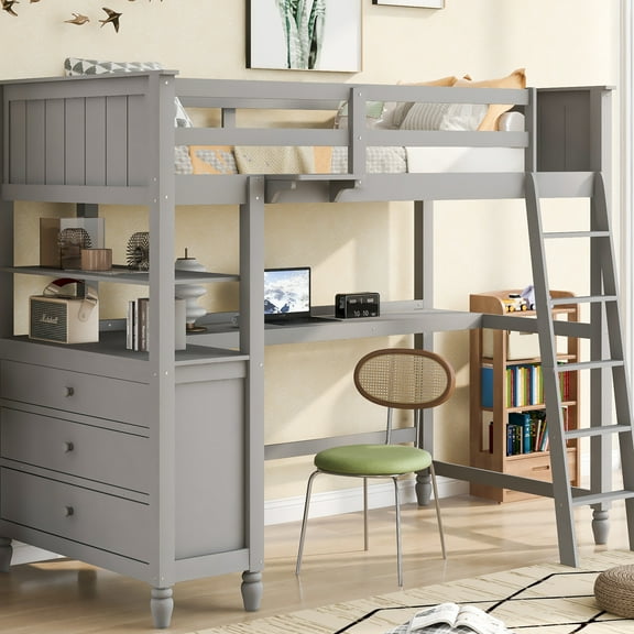 Solid Wood Twin Loft Bed In Gray With Practical Desk And Storage Options For Home Extra Space Drawers