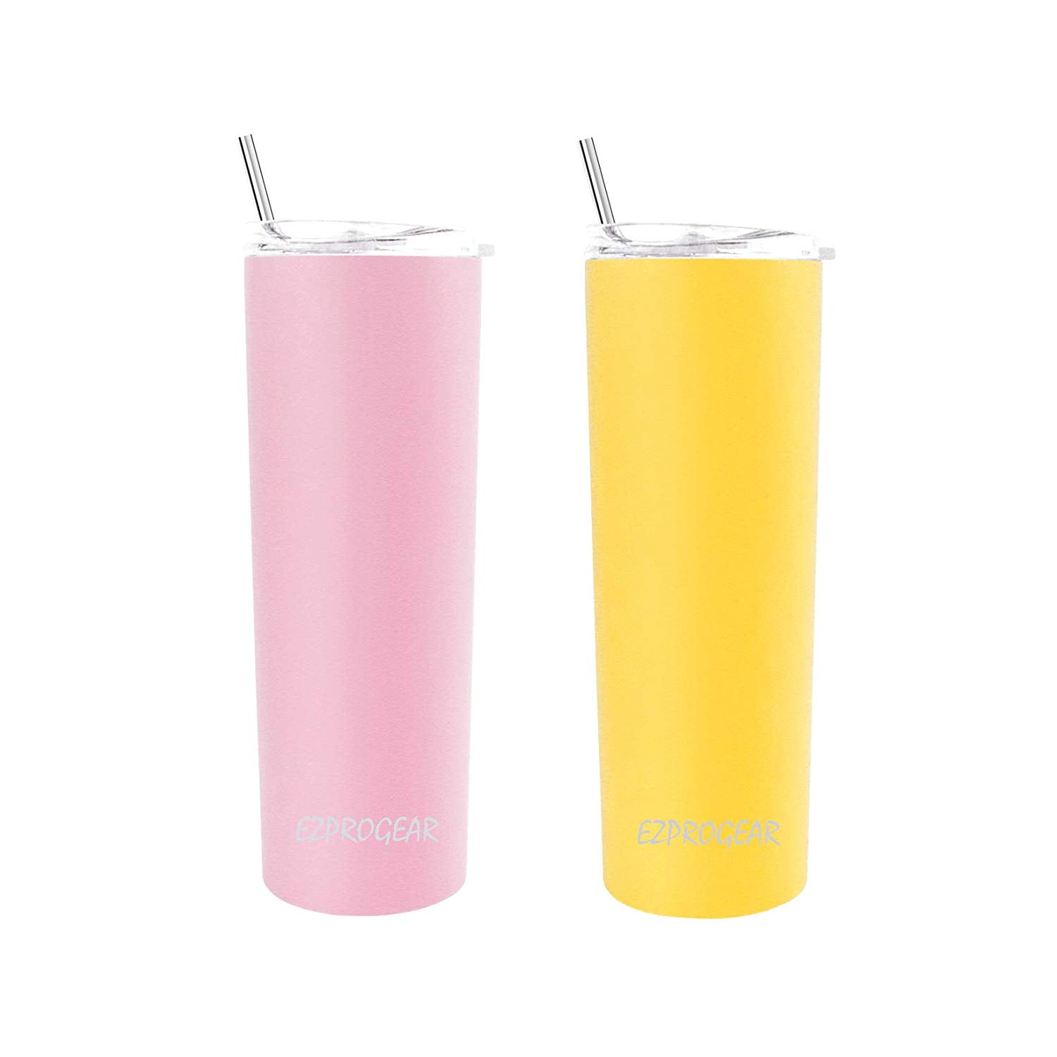 Yellow/Rose-Pink 2 Pack Ezprogear 20 oz Stainless Steel Skinny Tumbler Straws 