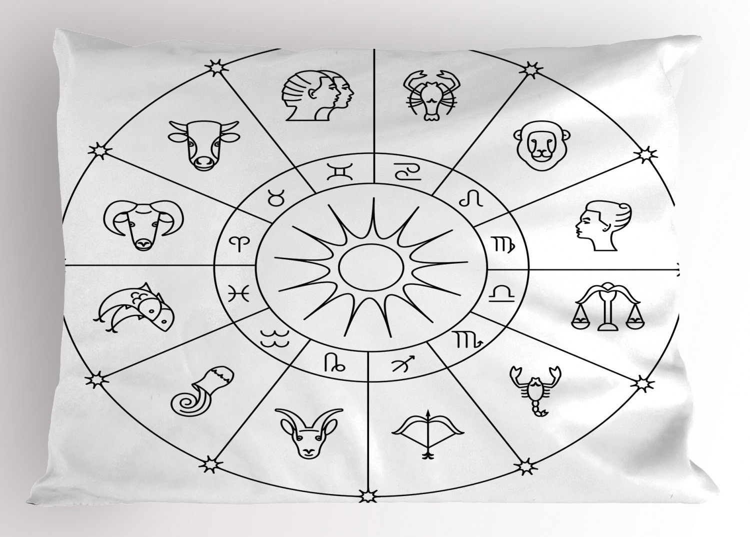 Astrology Pillow Sham Sketchy Zodiacal Circle with Astrology Signs
