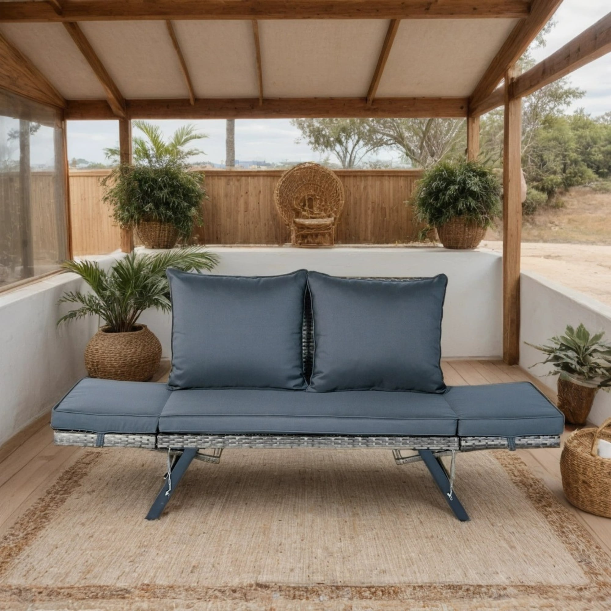 Outdoor Wicker Side Bench with Foldable Armrest and Dark Grey Cushion, Patio Conversation Bench for Garden and Backyard, Grey Wicker