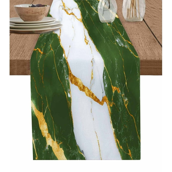ERUNPONLY Green Marble Table Runner - 70 Inch Long Luxury Gold White Abstract Cracks Artwork Cotton and Linen Blended Dress Scarves Farmhouse Table Runner for Kitchen Dining, Coffee Table, 13"x70"