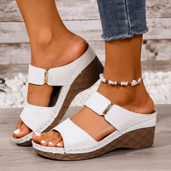 Women's Slippers Women's Fashionable Casual Spring And Summer Versatile Plus Size Beach Wedge Heels Solid Color Peep Toe Open-Toe Sandals,White,36